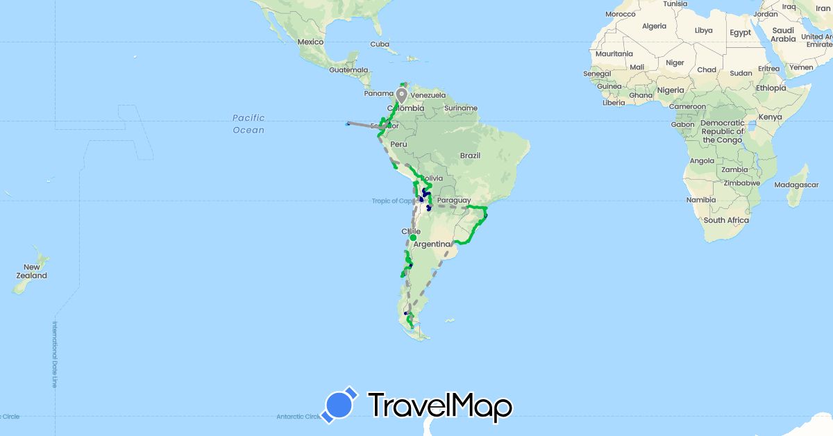 TravelMap itinerary: driving, bus, plane, train, boat in Argentina, Bolivia, Brazil, Chile, Colombia, Ecuador, Peru, Uruguay (South America)